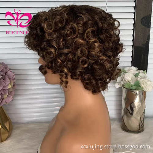 Highlight Honey Blonde Bouncy Curly Human Hair Wigs for Black Women Short Bob Curly Burgundy Full Machine Made Colored Wigs Remy